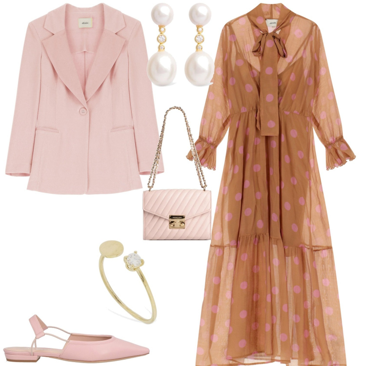Outfit donna - Cerimonia evento speciale. Stile Bon Ton per Cerimonia. Abbinamento con ballerine, borse a spalla, blazer, vestiti lunghi, orecchini, anelli.