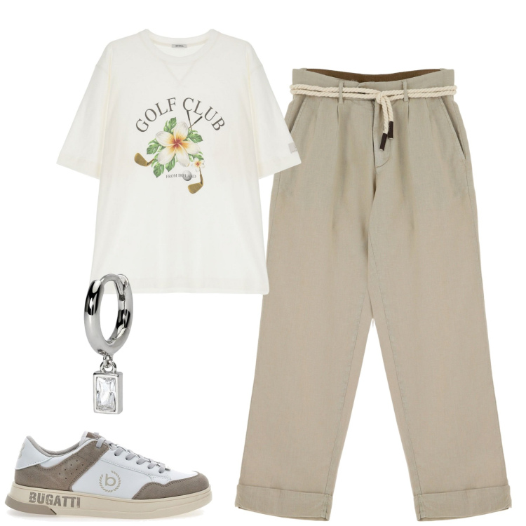 Outfit uomo - Grafismi. Stile Trendy per Tutti i giorni. Abbinamento con orecchini, t-shirt, pantaloni chino, sneakers.