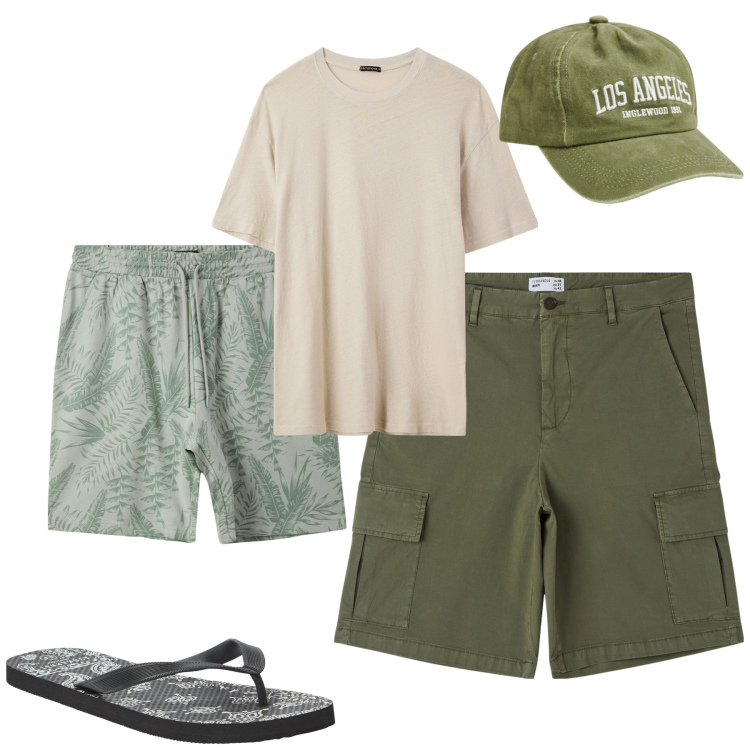 Outfit uomo - Un giorno al mare. Stile Casual per Mare. Abbinamento con sandali, t-shirt, costumi, bermuda, cappelli.