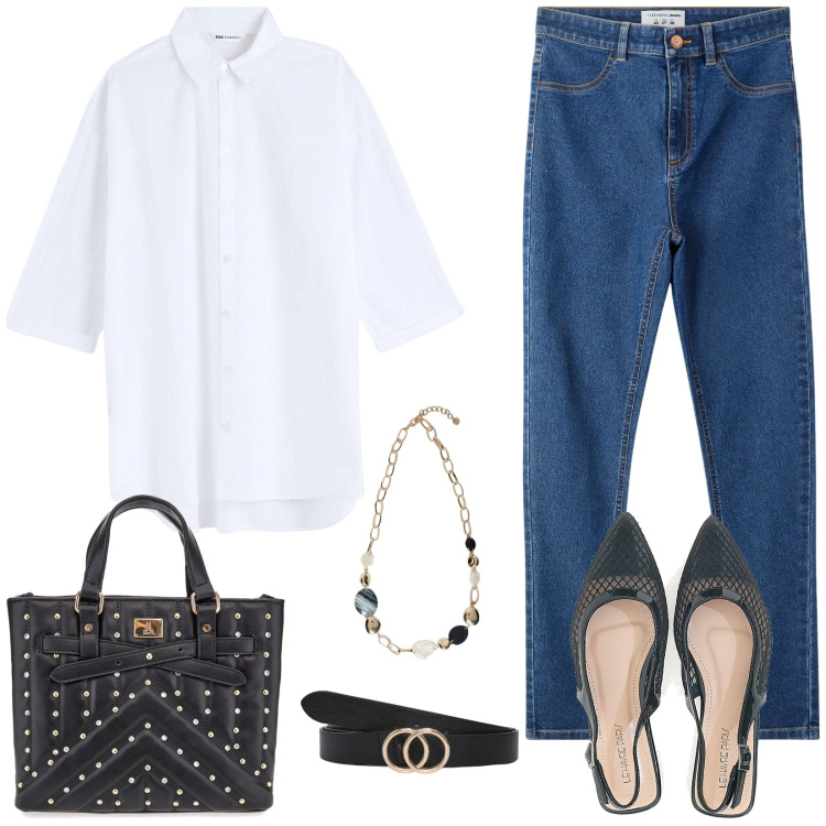 Outfit donna - Casual chic. Stile Casual chic per Tutti i giorni. Abbinamento con jeggings, camicie, cinture, ballerine, borse a mano, collane.