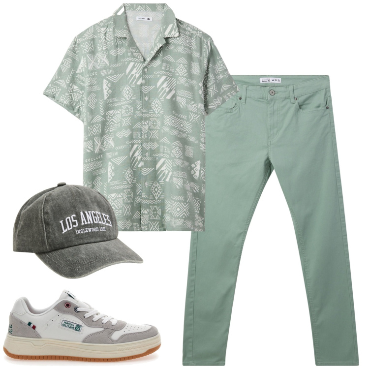 Outfit uomo - City. Stile Casual per Tutti i giorni. Abbinamento con camicie a manica corta, cappelli, pantaloni skinny, sneakers.