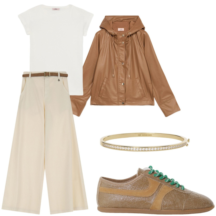 Outfit donna - Mannish. Stile Mannish per Serata fuori. Abbinamento con braccialetti, sneakers, pantaloni a palazzo, blazer, t-shirt.