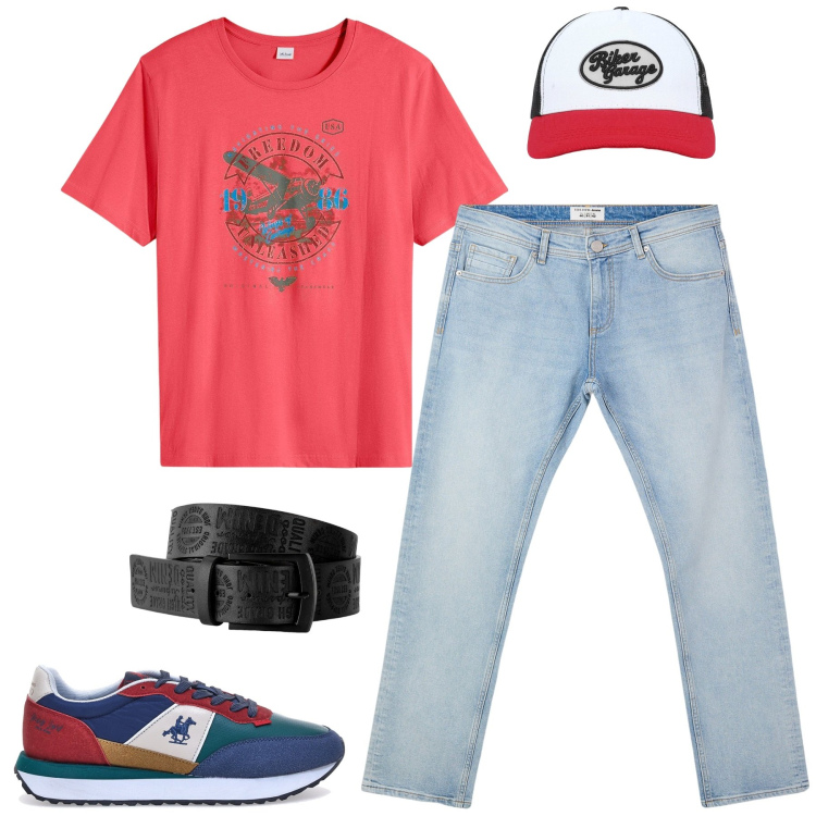 Outfit uomo - Rosso vitamina. Stile Casual per Tutti i giorni. Abbinamento con cinture, t-shirt, jeans, cappelli con visiera, sneakers.