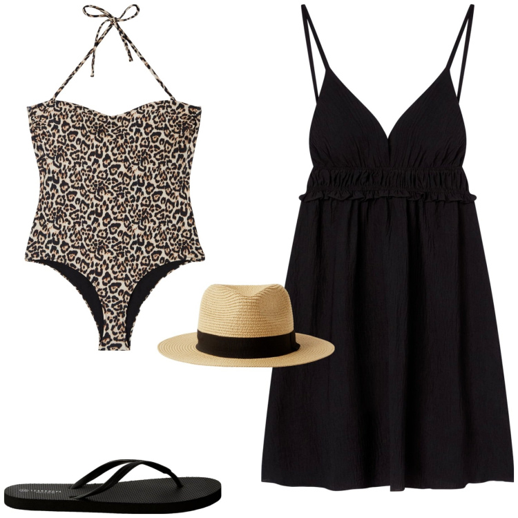 Outfit donna - Costume leopardato. Stile Casual per Mare. Abbinamento con costumi interi, vestiti corti, cappelli, infradito.