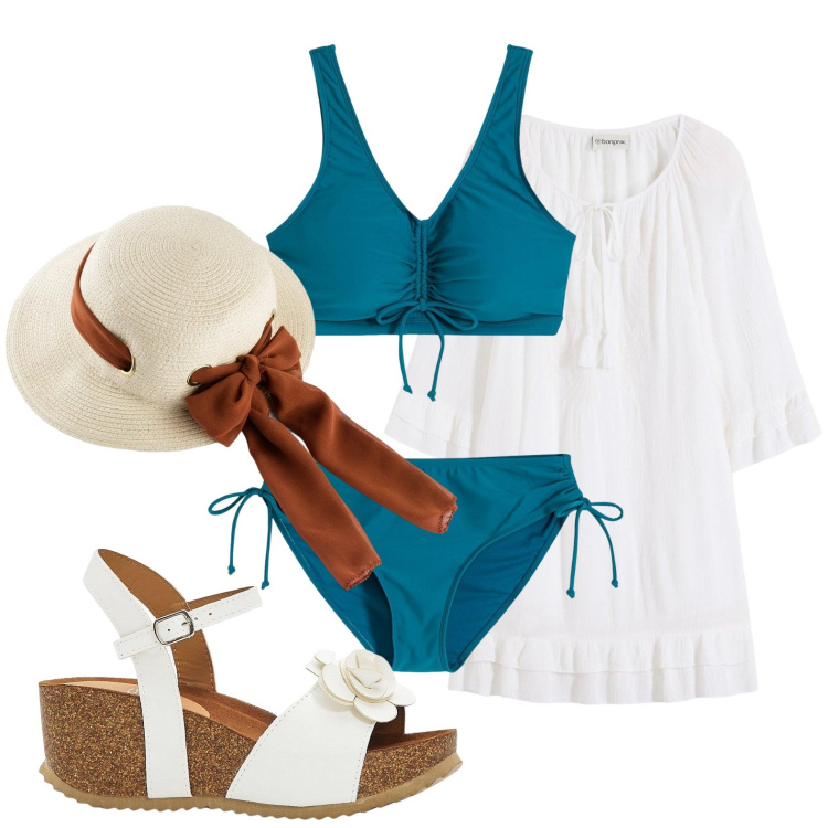 Outfit donna - bonprix HOLIDAY CAPSULE. Stile Minimal per Mare. Abbinamento con bikini, sandali, cappelli, vestiti.