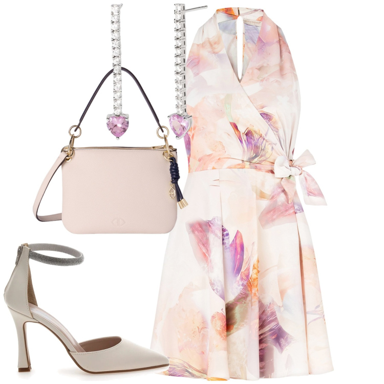 Outfit donna - Fiori impressionisti. Stile Chic per Cerimonia. Abbinamento con orecchini, vestiti, décolleté, borse a tracolla.