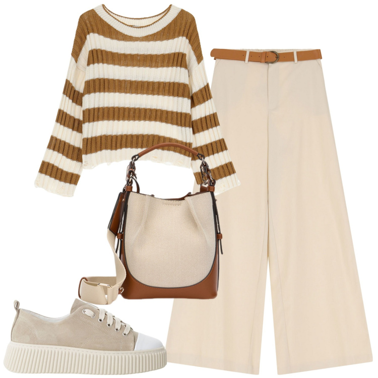 Outfit donna - City. Stile Casual chic per Tutti i giorni. Abbinamento con maglieria, sneakers, pantaloni, borse a mano.