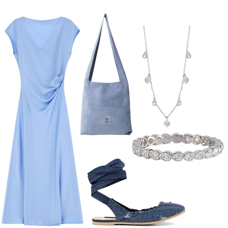 Outfit donna - Color cielo. Stile Casual per Scuola/Università. Abbinamento con anelli, collane, vestiti lunghi, borse a tracolla, ballerine.