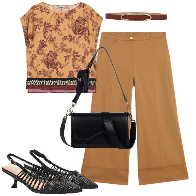 Outfit donna - City. Stile Urban per Tutti i giorni. Abbinamento con cinture, pochette, décolleté, pantaloni a palazzo, bluse.