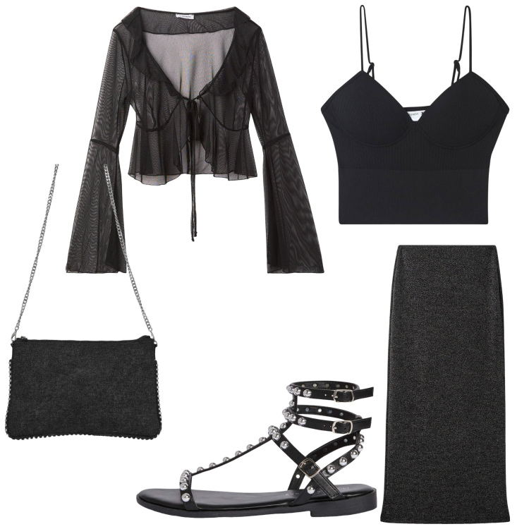 Outfit donna - Serata in black. Stile Boho per Serata fuori. Abbinamento con bolero, top, gonne lunghe, borse a tracolla, sandali.