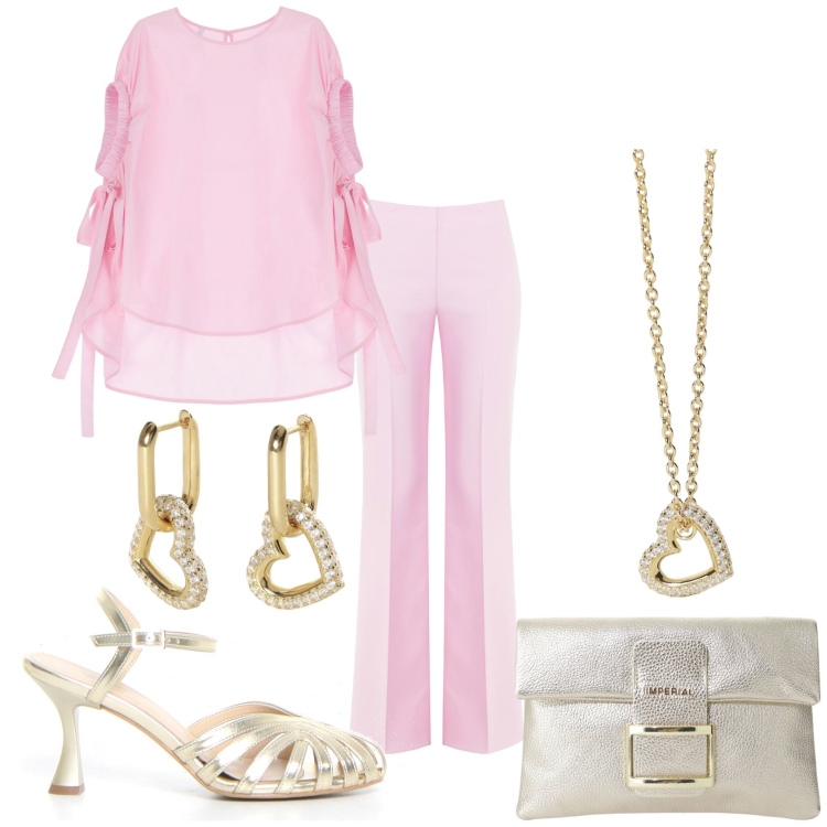 Outfit donna - Cerimonia. Stile Chic per Cerimonia. Abbinamento con orecchini, collane, pantaloni a palazzo, camicie a manica corta, pochette, sandali col tacco.