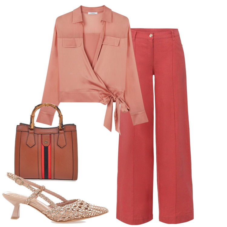 Outfit donna - City. Stile Urban per Tutti i giorni. Abbinamento con pantaloni a palazzo, borse a tracolla, sandali col tacco, camicie.