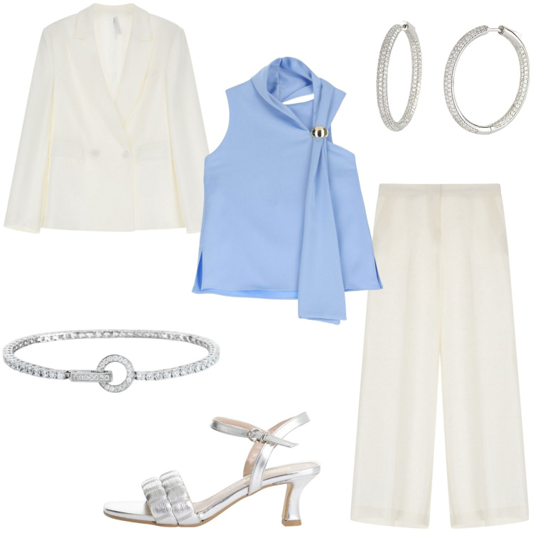 Outfit donna - Il top color cielo. Stile Chic per Cerimonia. Abbinamento con orecchini, braccialetti, sandali col tacco, top, blazer, pantaloni.