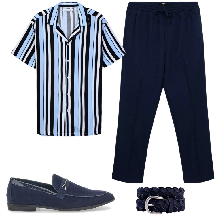 Outfit uomo - La camicia a righe. Stile Trendy per Tutti i giorni. Abbinamento con camicie a manica corta, pantaloni, cinture, scarpe stringate.