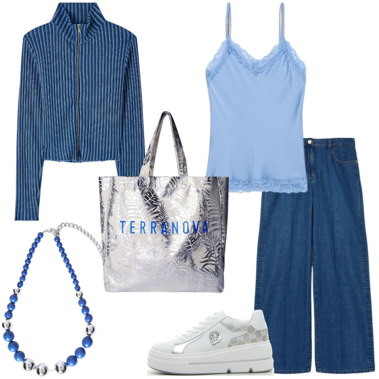 Outfit donna - Il top color cielo. Stile Casual per Tutti i giorni. Abbinamento con maglieria, borse tote, collane, jeans, sneakers, top.