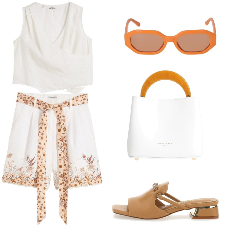 Outfit donna - Shorts e sabot. Stile Casual chic per Tutti i giorni. Abbinamento con borse a mano, top, shorts, ciabatte, occhiali da sole.