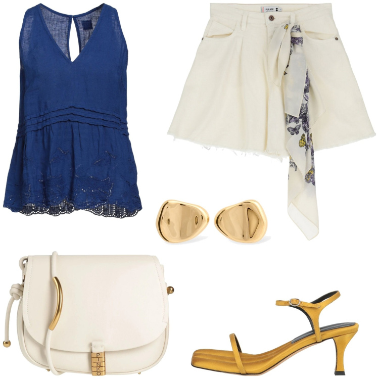 Outfit donna - City in the summer. Stile Casual chic per Tutti i giorni. Abbinamento con top, borse a tracolla, sandali in pelle, shorts, orecchini.