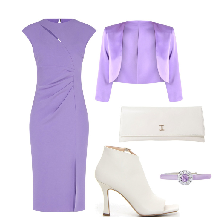 Outfit donna - Total look #2128787. Stile Chic per Cerimonia. Abbinamento con anelli, vestiti midi/longuette, bolero, pochette, sandali col tacco.