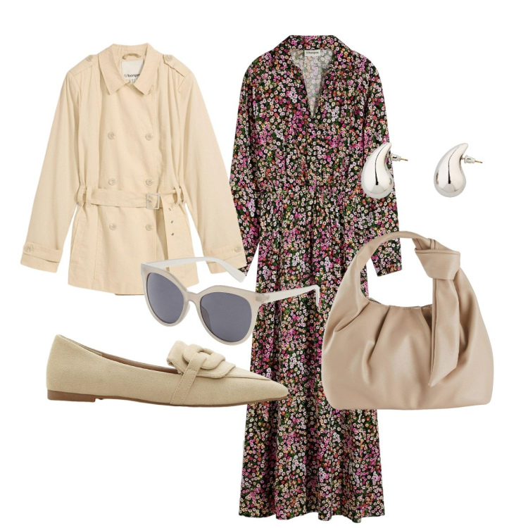 Outfit donna - Pioggia o sole questo è il dilemma. Stile Casual chic per Tutti i giorni. Abbinamento con vestiti lunghi, mocassini, borse a mano, trench, borse a tracolla, orecchini.
