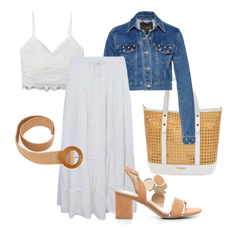 Outfit donna - Gonna e top macramè. Stile Trendy per Tutti i giorni. Abbinamento con blazer, canottiere, gonne lunghe, borse a spalla, sandali col tacco, cinture.
