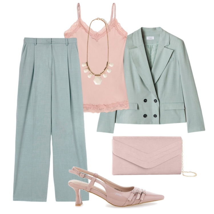 Outfit donna - Il tailleur verde acqua. Stile Chic per Cerimonia. Abbinamento con pochette, décolleté, blazer, collane, top, pantaloni a palazzo.