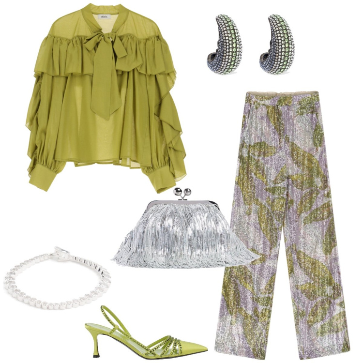 Outfit donna - Serata fuori. Stile Glamour per Serata fuori. Abbinamento con décolleté, camicie, pantaloni a palazzo, pochette, orecchini, braccialetti.