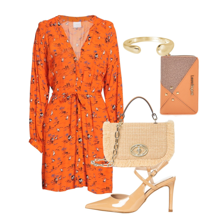 Outfit donna - Maggio. Stile Chic per Tutti i giorni. Abbinamento con vestiti corti, anelli, décolleté, portafogli, borse a tracolla.
