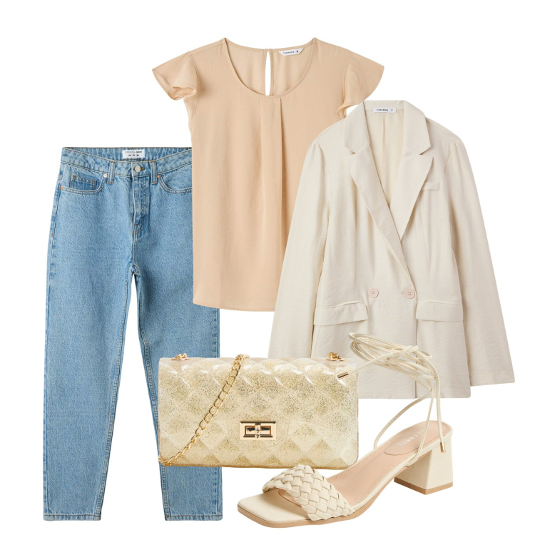 Outfit donna - Terranova - Occasioni Speciali. Stile Bon Ton per Tutti i giorni. Abbinamento con bluse, jeans mom, blazer, borse a tracolla, sandali alla schiava.