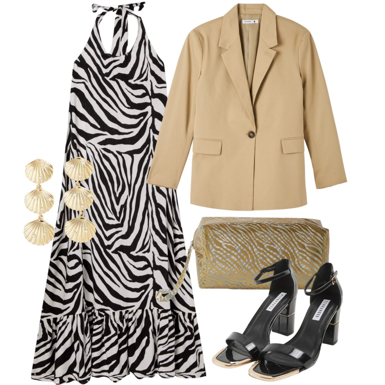 Outfit donna - Terranova - Occasioni Speciali. Stile Chic per Serata fuori. Abbinamento con vestiti lunghi, sabot, blazer, orecchini, pochette.