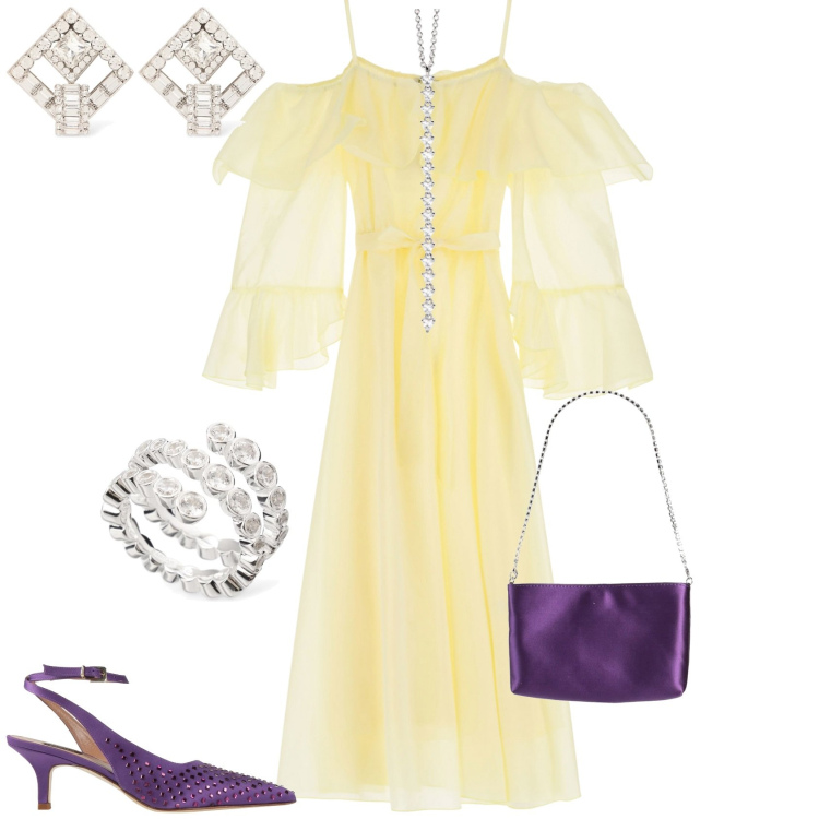 Outfit donna - Evento serata glamour cerimonia. Stile Glamour per Serata fuori. Abbinamento con décolleté, borse a mano, ciondoli, vestiti lunghi, anelli, orecchini.