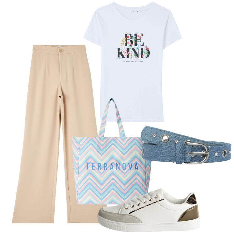 Outfit donna - Terranova - Occasioni Speciali. Stile Basic per Tutti i giorni. Abbinamento con pantaloni, t-shirt, cinture, sneakers, borse tote.