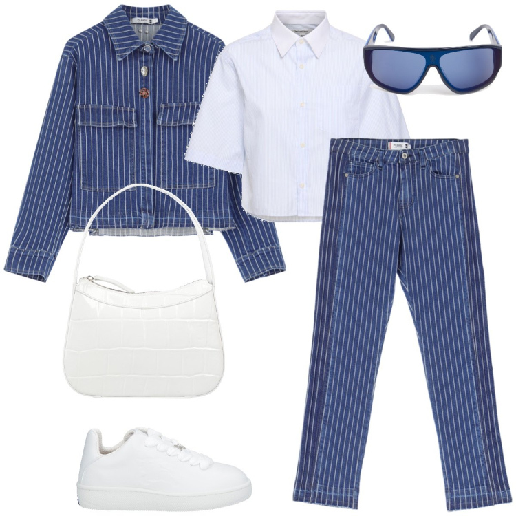 Outfit donna - Denim a righe. Stile Casual chic per Tutti i giorni. Abbinamento con borse a mano, sneakers, jeans slim fit, blazer, occhiali da sole, camicie.