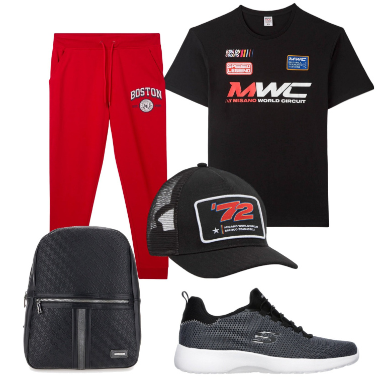Outfit uomo - Total look #2128858. Stile Casual per Tutti i giorni. Abbinamento con cappelli, t-shirt, pantaloni sportivi, borse sportive, sneakers.
