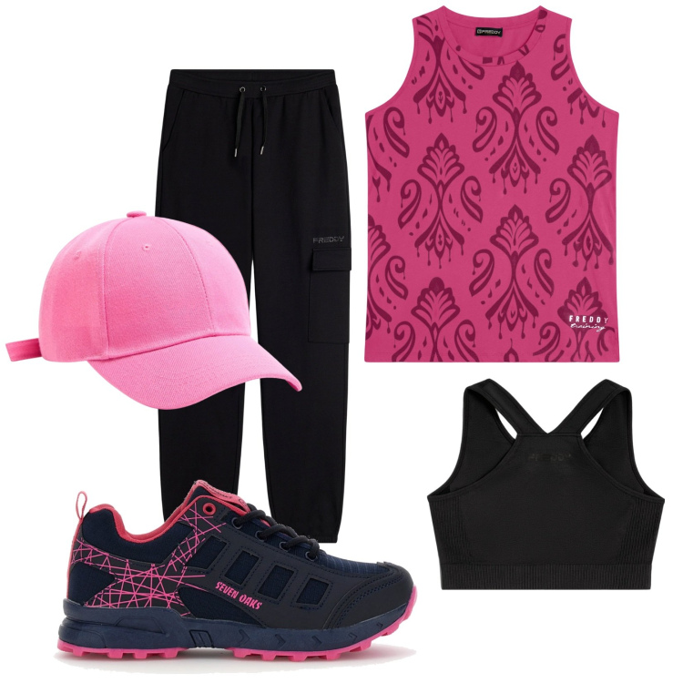 Outfit donna - Total look #2128861. Stile Casual per Sport. Abbinamento con cappelli, pantaloni cargo, reggiseni, canottiere, scarpe sportive.