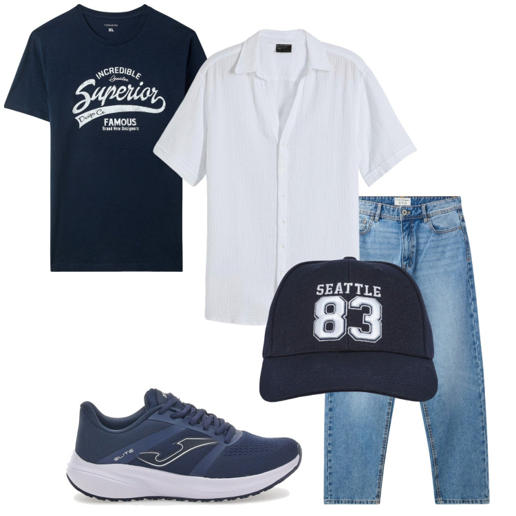 Outfit uomo - Total look #2128863. Stile Urban per Tutti i giorni. Abbinamento con camicie a manica corta, jeans, t-shirt, cappelli, sneakers.