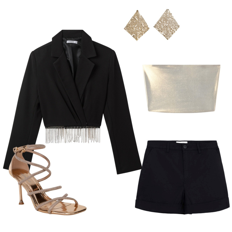 Outfit donna - Do you feel glamorous?. Stile Glamour per Serata fuori. Abbinamento con sandali col tacco, pantaloni corti, top, blazer, orecchini.