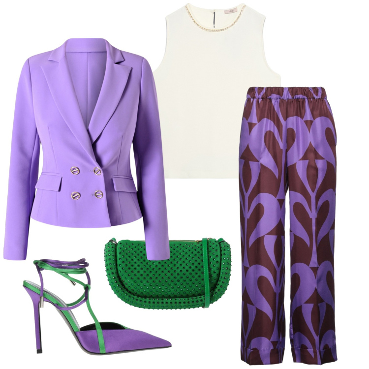 Outfit donna - Madrina al battesimo. Stile Glamour per Cerimonia. Abbinamento con décolleté, pantaloni, borse a tracolla, blazer, top.