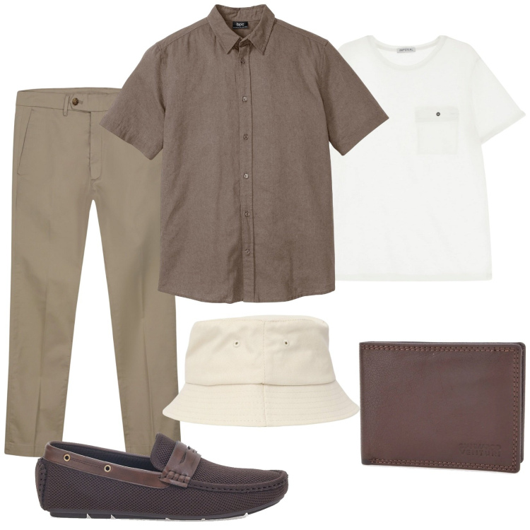 Outfit uomo - Total look #2128868. Stile Trendy per Tutti i giorni. Abbinamento con camicie a manica corta, cappelli, t-shirt, scarpe stringate, portafogli, pantaloni chino.