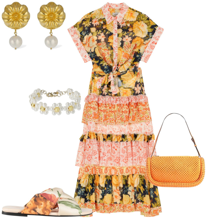 Outfit donna - Total look #2128871. Stile Romantica per Tutti i giorni. Abbinamento con borse a mano, sandali in pelle, gonne lunghe, camicie a manica corta, braccialetti, orecchini.