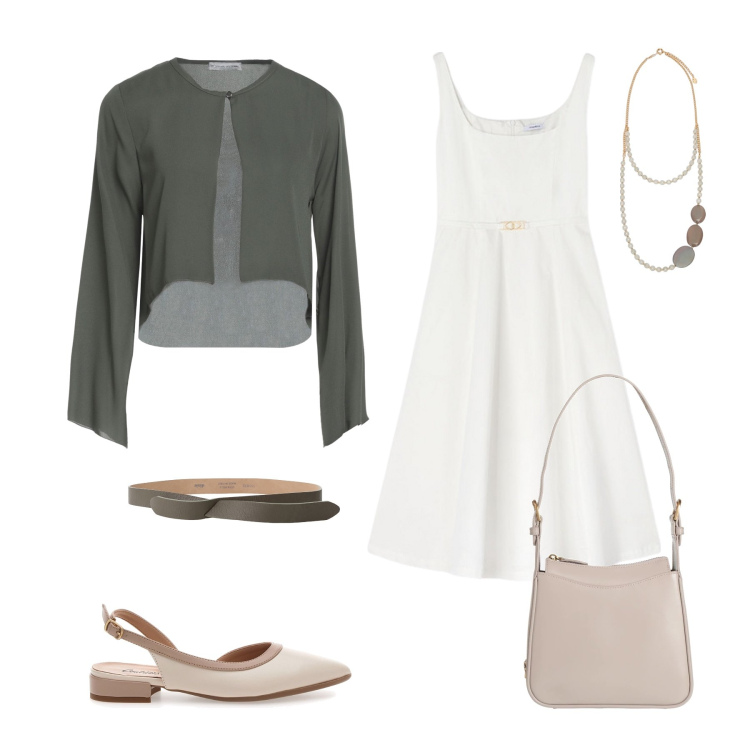 Outfit donna - Total look #2128872. Stile Casual chic per Ufficio. Abbinamento con blazer, borse a mano, cinture, ballerine, collane, vestiti midi/longuette.