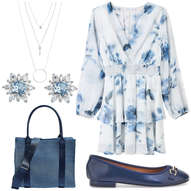 Outfit donna - Le ballerine blu. Stile Basic per Tutti i giorni. Abbinamento con ciondoli, shopping bag, vestiti, orecchini, ballerine.