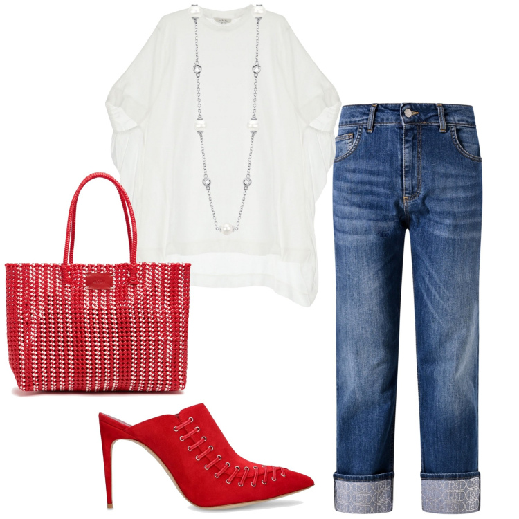 Outfit donna - Total look #2128877. Stile Glamour per Serata fuori. Abbinamento con t-shirt, collane, jeans dritti, pantofole, shopping bag.