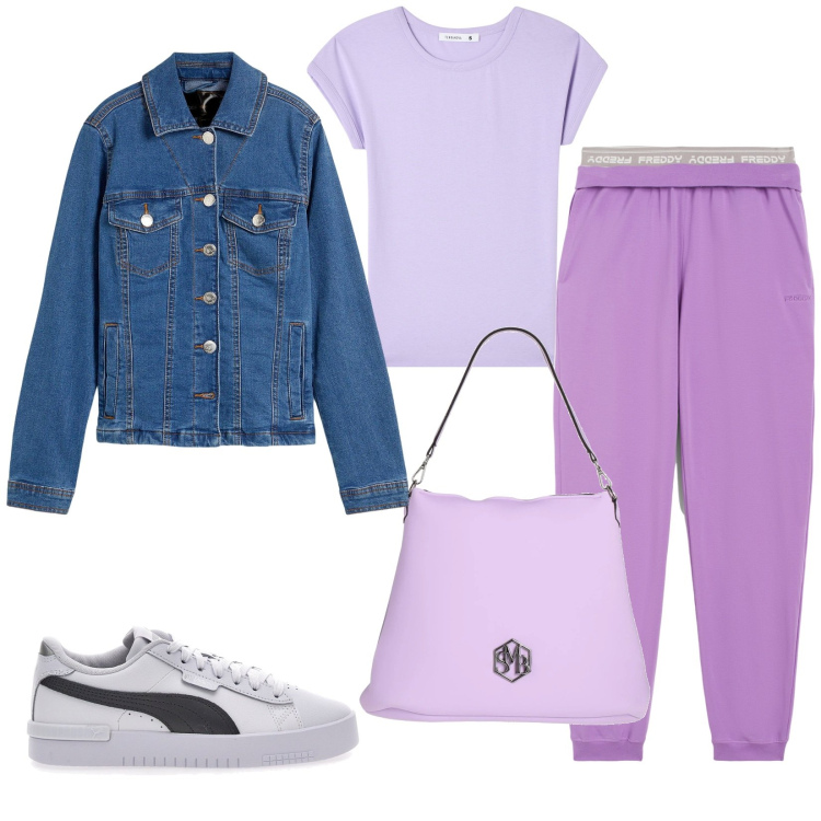 Outfit donna - Urban style. Stile Casual per Tutti i giorni. Abbinamento con blazer, borse a spalla, t-shirt, pantaloni, sneakers.