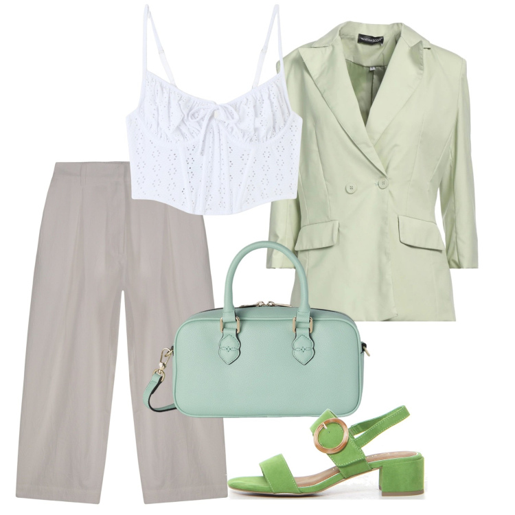 Outfit donna - Maggio. Stile Bon Ton per Tutti i giorni. Abbinamento con blazer, top, pantaloni, borse a mano, sandali col tacco.