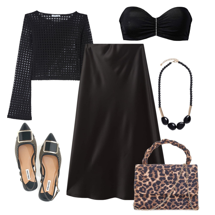 Outfit donna - Serata total black. Stile Glamour per Serata fuori. Abbinamento con reggiseni, maglieria, gonne lunghe, ballerine, collane, pochette.
