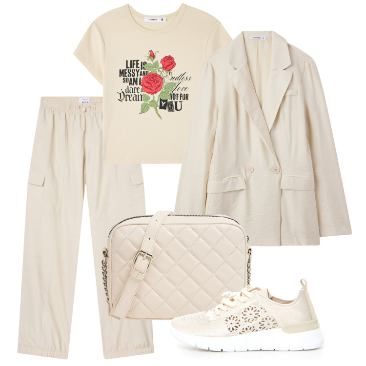 Outfit donna - Avorio. Stile Basic per Tutti i giorni. Abbinamento con blazer, pantaloni cargo, borse a tracolla, t-shirt, sneakers.