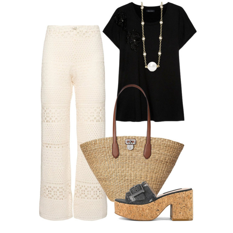 Outfit donna - Pomeriggio caldo. Stile Boho per Tutti i giorni. Abbinamento con collane, borse tote, sandali, t-shirt, pantaloni.