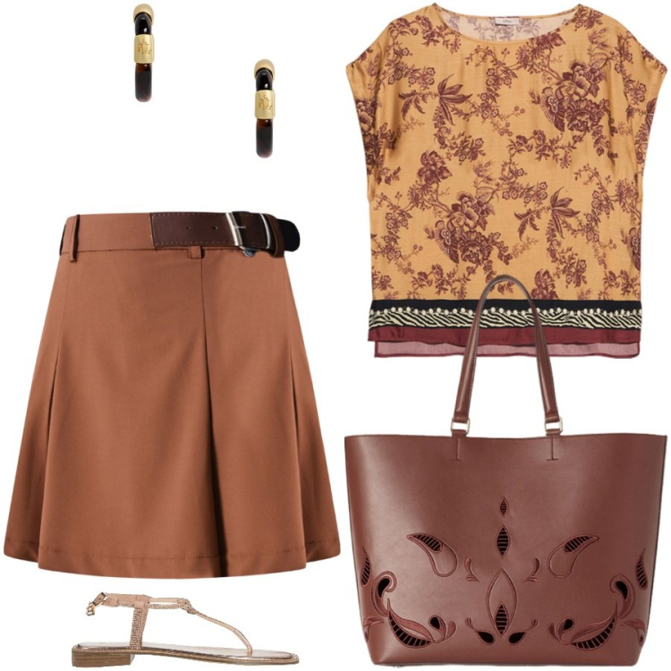 Outfit donna - Color mattone. Stile Casual chic per Tutti i giorni. Abbinamento con infradito, minigonne, orecchini, bluse, shopping bag.