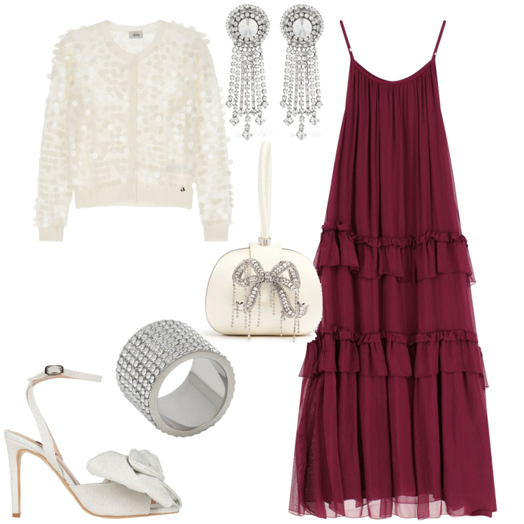 Outfit donna - Evento serata speciale. Stile Romantica per Serata fuori. Abbinamento con sandali col tacco, anelli, cardigans, vestiti lunghi, orecchini, pochette.