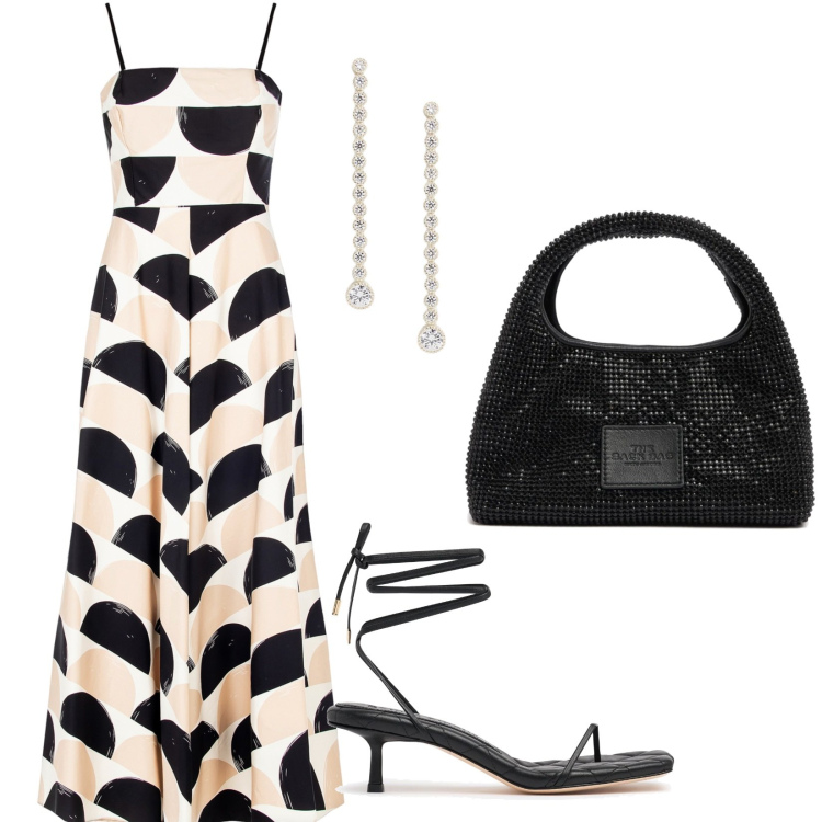 Outfit donna - Fantasia geometrica. Stile Chic per Cerimonia. Abbinamento con vestiti midi/longuette, orecchini, sandali in pelle, borse a mano.